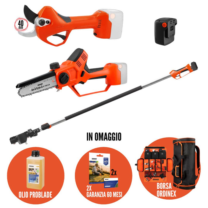 Kit Stocker Forbice Potatura Magma E-40 + Potatore E-150 + Asta Telescopica Completo di batteria