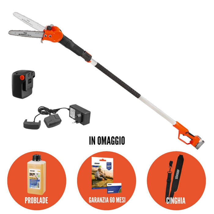 Potatore ad Asta Telescopica a batteria Stocker Testa Orientabile art. 615 Completo Batteria 4Ah e Caricabatteria