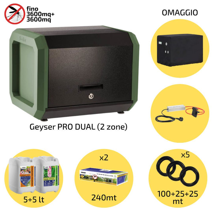 Sistema Antizanzare Professionale Geyser Pro DUAL Stocker impianto fino a 480 metri mq in KIT 2 Zone