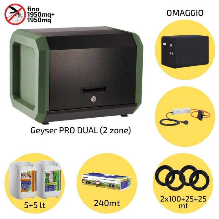 Sistema Antizanzare Professionale Geyser Pro DUAL Stocker impianto fino a 240 metri mq in KIT 2 Zone