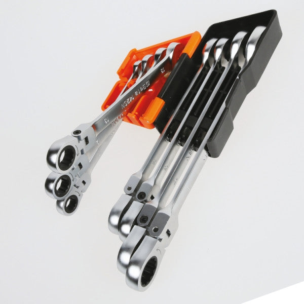 Serie di 8 chiavi combinate a cricchetto snodate con supporto compatto Beta 142SN/SC8