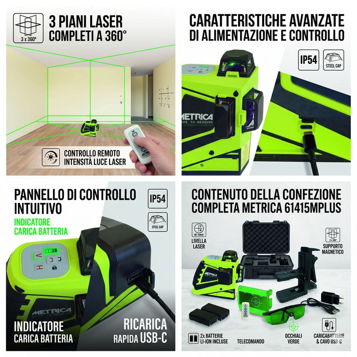Livella Laser Autolivellante Metrica 3D Junior 360 Gradi Raggio Verde 61415MPlus