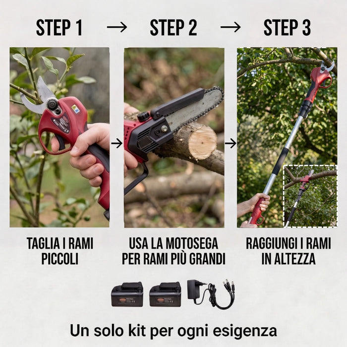 Kit Potatura a batteria | Forbice FE08-32 + Potatore PE03 + Asta Telescopica AT1521X Archman + 2 Batterie