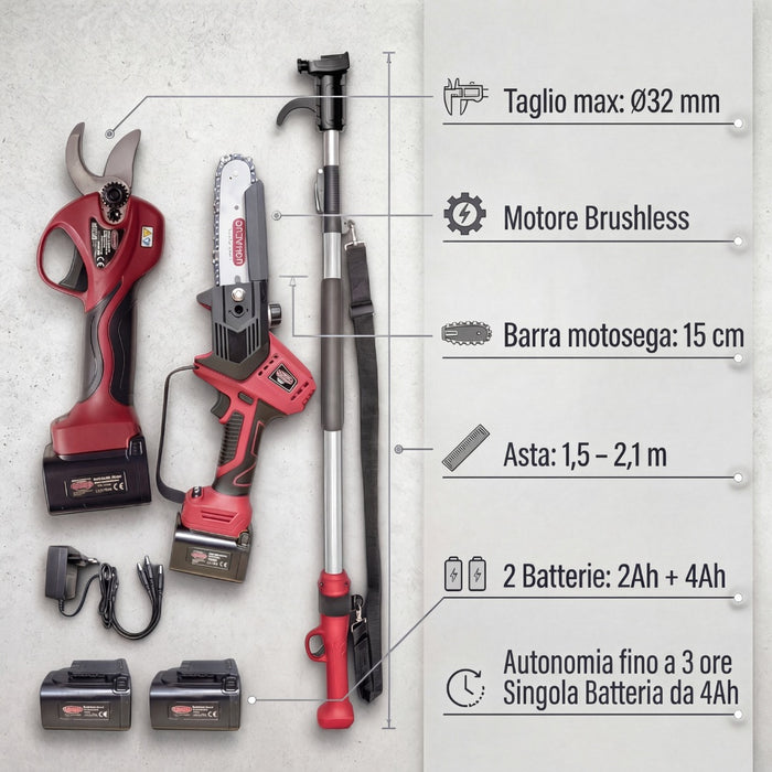 Kit Potatura a batteria | Forbice FE08-32 + Potatore PE03 + Asta Telescopica AT1521X Archman + 2 Batterie