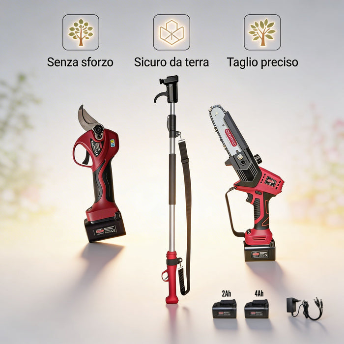 Kit Potatura a batteria | Forbice FE08-32 + Potatore PE03 + Asta Telescopica AT1521X Archman + 2 Batterie