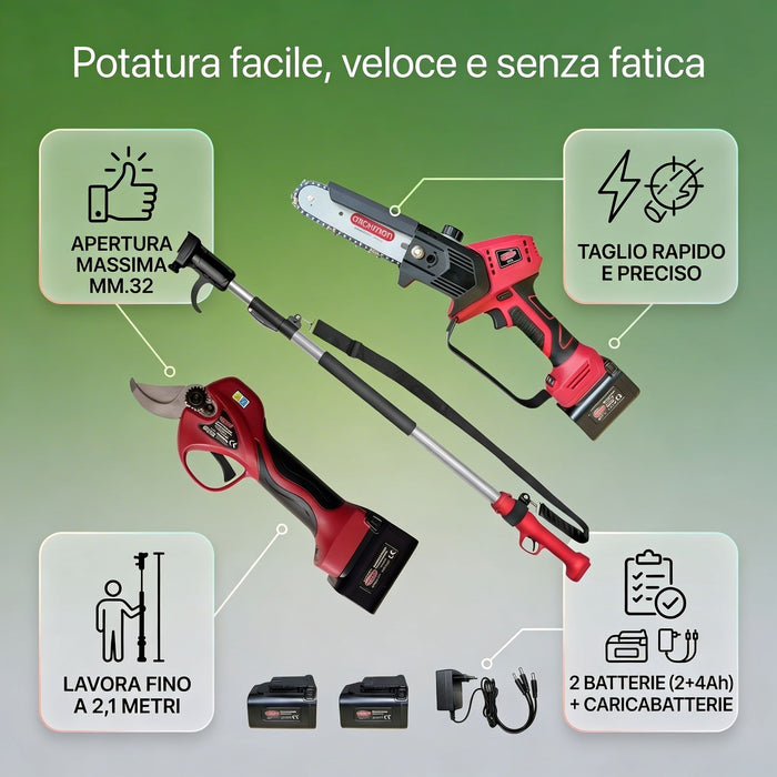 Kit Potatura a batteria | Forbice FE08-32 + Potatore PE03 + Asta Telescopica AT1521X Archman + 2 Batterie