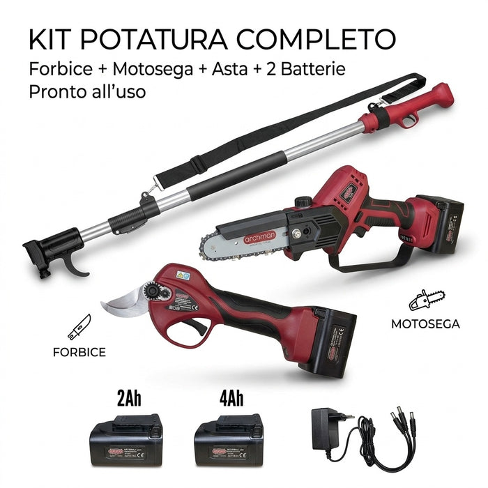 Kit Potatura a batteria | Forbice FE08-32 + Potatore PE03 + Asta Telescopica AT1521X Archman + 2 Batterie