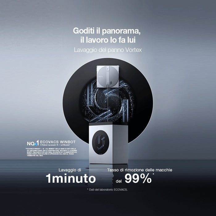 Ecovacs Winbot W3 OMNI – Robot Lavavetri Automatico con Stazione Vortex Wash e Anti-caduta 8.000 Pa