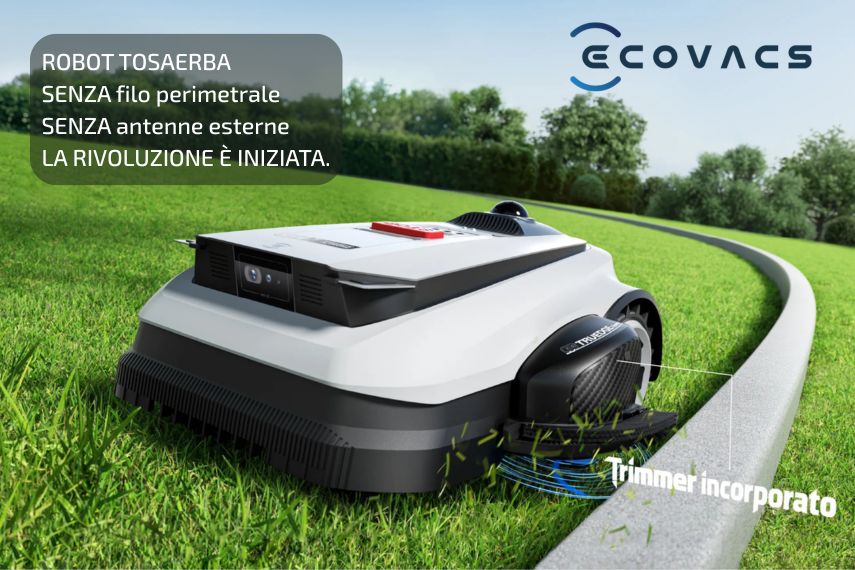 Ecovacs Robot tosaerba senza filo perimetrale, senza antenna RTK. Dual Lidar e Holoscope 360