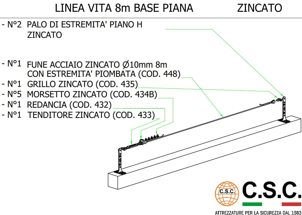 Kit Linea Vita Light Zincata Base Piana da mt.8 CSC