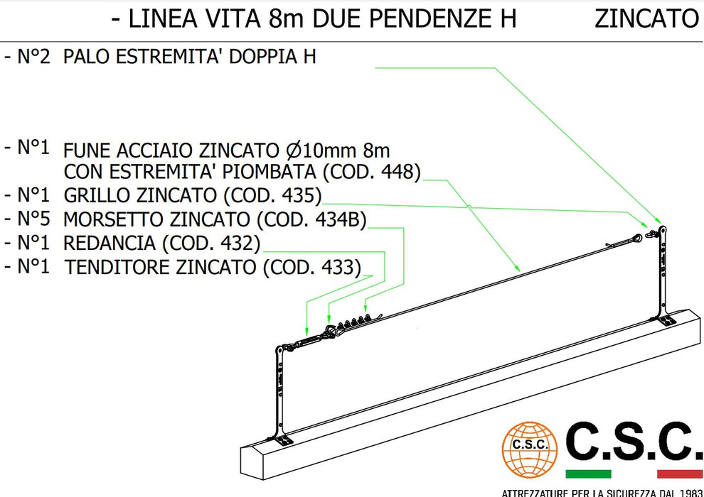 Kit Linea Vita Light Zincata Base Doppia pendenza da mt.8 CSC