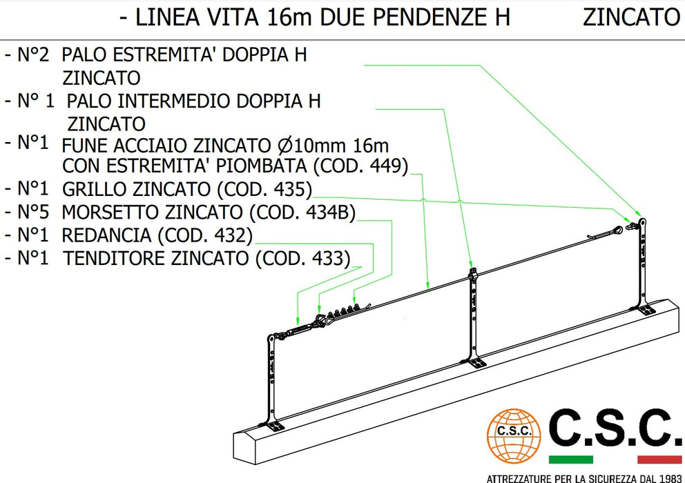 Kit Linea Vita Light Zincata Base Doppia Pendenza da mt.16 CSC